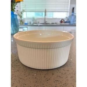 Vintage Apilco France Porcelain Soufflé Dish White Pleated 8.5" Round Size 8